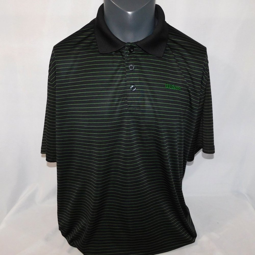 Wilson Mens 2XL Black Green Striped Golf Tennis Short Sleeve  Polo Shirt
